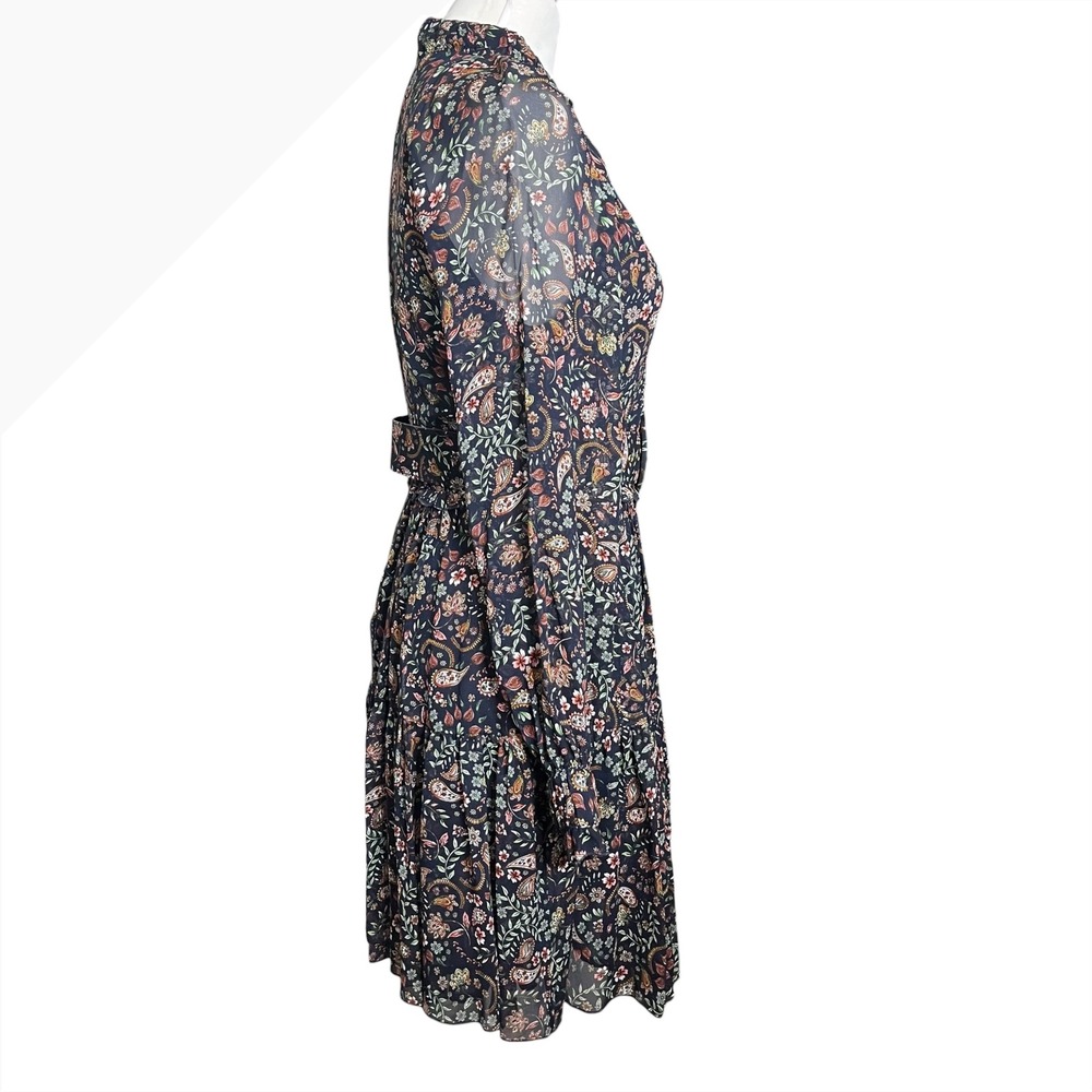 Nicholas Silk Floral Paisley Belted Mini Dress Navy Blue‎ Long Sleeve Size 4 - Picture 8 of 13